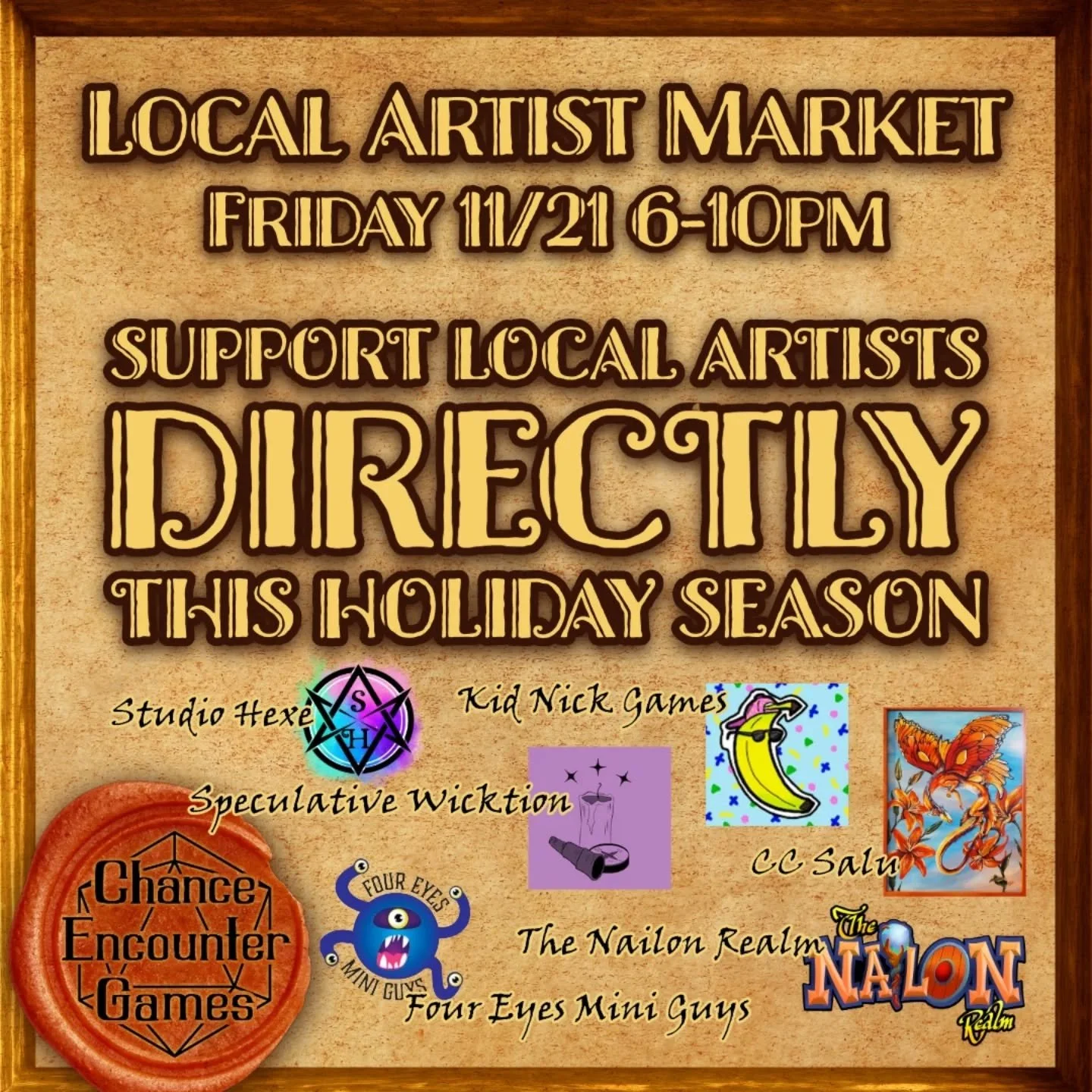 Shop local and support artists directly this holiday season by coming to our artist market this Friday (11/21) from 6-10. This week's guest artists include:
Handmade dice from @studiohexe 
RPG inspired candles from @speculative_wicktion 
RPGs by @kid