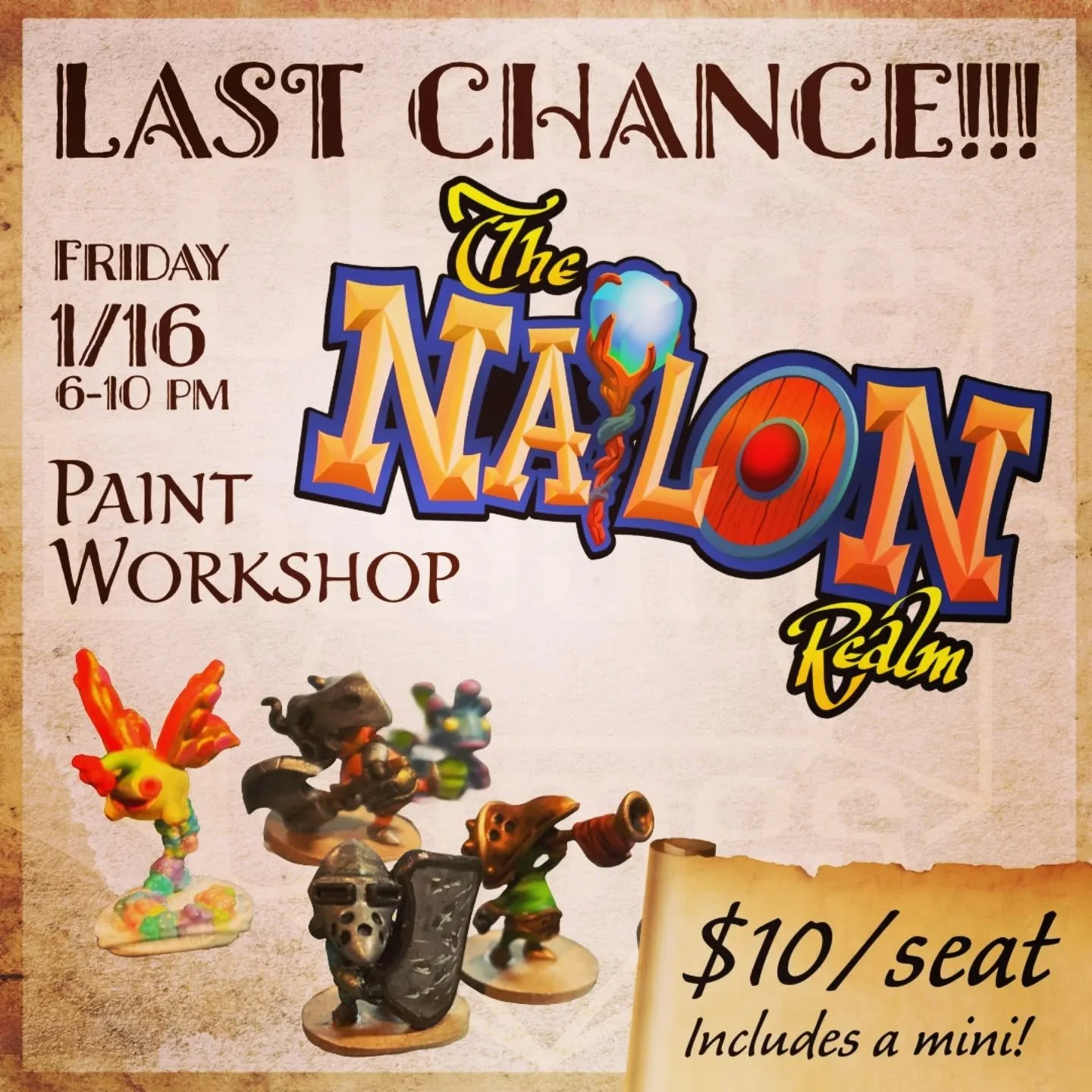 There's a couple seats left at tonight's miniature painting workshop with @thenailonrealm ! Only $10 gets you personalized instruction and a mini to take home. Let me know if we should save you a seat.