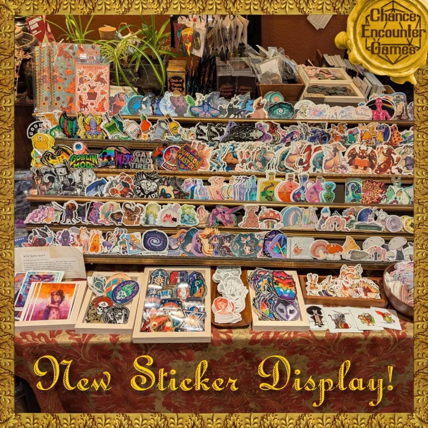 We've got a new sticker display! I made our first sticker display 10 minutes before we opened our doors for the first time. Now we're eight and a half months in and it was officially time to update. Now we have almost twice the rows and the shelves a