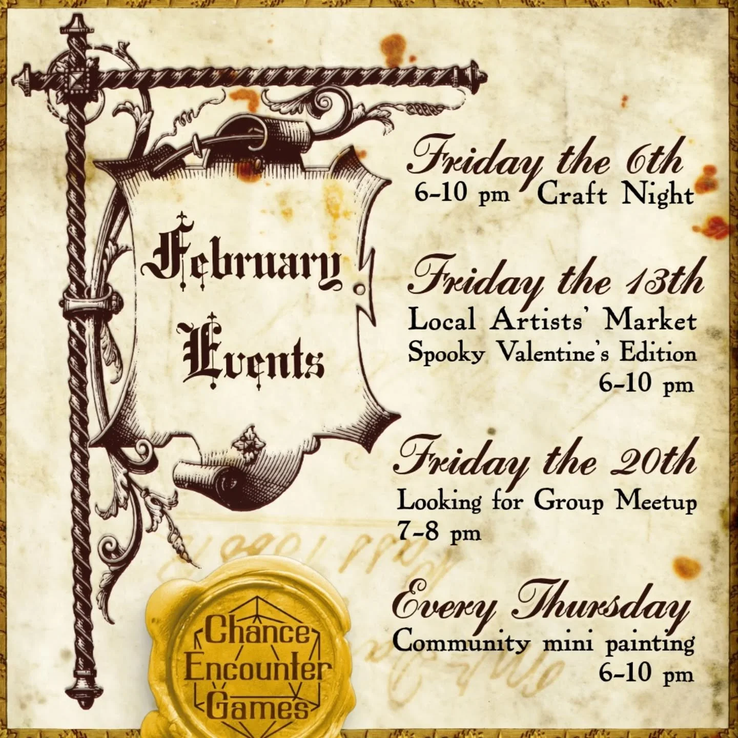 This month, swing by Chance Encounter Games on a Friday evening for our community events! 
2/6 6-10 is a community craft night. 
2/13 6-10 is our spooky friday-the-thirteenth Valentine's market organized by @cutiefoundation
2/20 7-8 pm is our Looking