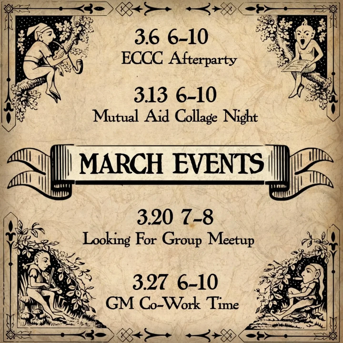 Pop into the shop on a Friday Night in March to join us for one of our free events!

3/6 6-10: ECCC Afterparty. Want more nerd time in a cozier environment after spending all day at the con? Come hang out, play games, or do crafts to wind down after 