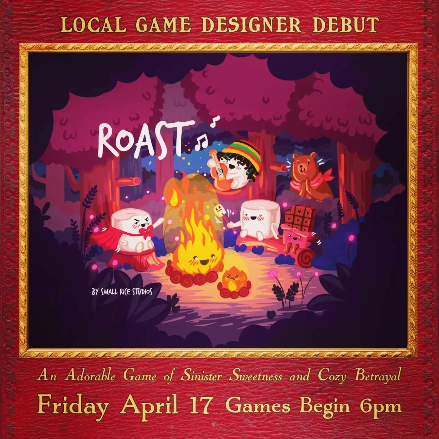 Community event alert! Come play ROAST by @smallricestudios this Friday (4/17) any time between 6 and 10. It's cozy, it's cute, it's sinister - let's play!