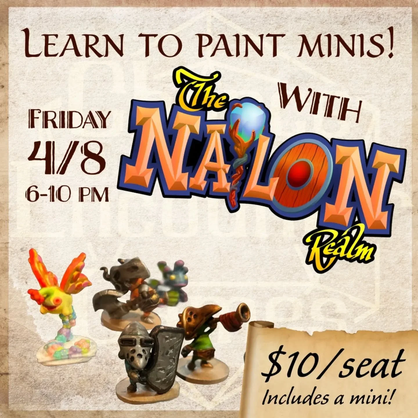 Come learn to paint minis tomorrow May 9th at Chance Encounter Games! The folks from @thenailonrealm will be coaching folks of all experience levels through the basics of miniature painting. $10 gets you individual instruction, materials, and a mini 