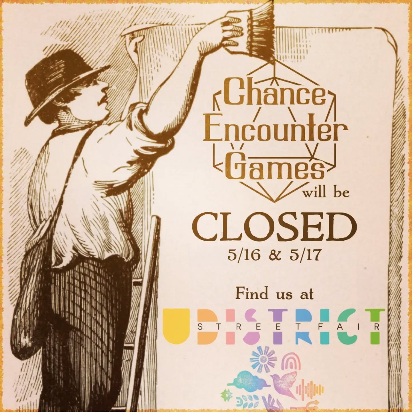 Chance Encounter Games will be closed this weekend (5/16 and 5/17) because we'll be at the U District Street Fair! Come find us across from @gargoylestatuary or when we're back open on Wednesday. 

@udstreetfair