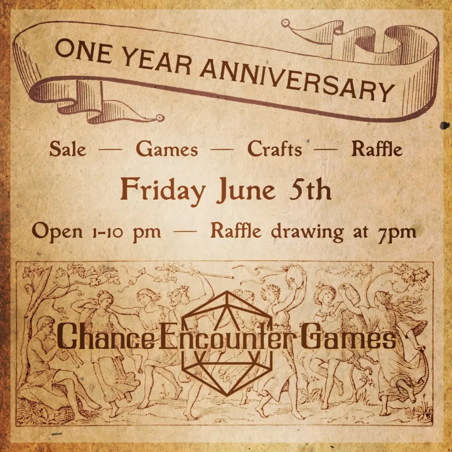 It's here!! Our one year anniversary party is today, June 5th. Swing by the shop to get 10% off everything in the store, play some carnival games, do some crafts, or join the charity raffle! 
We'll be open 1-10 with the raffle drawing at 7. 
See you 