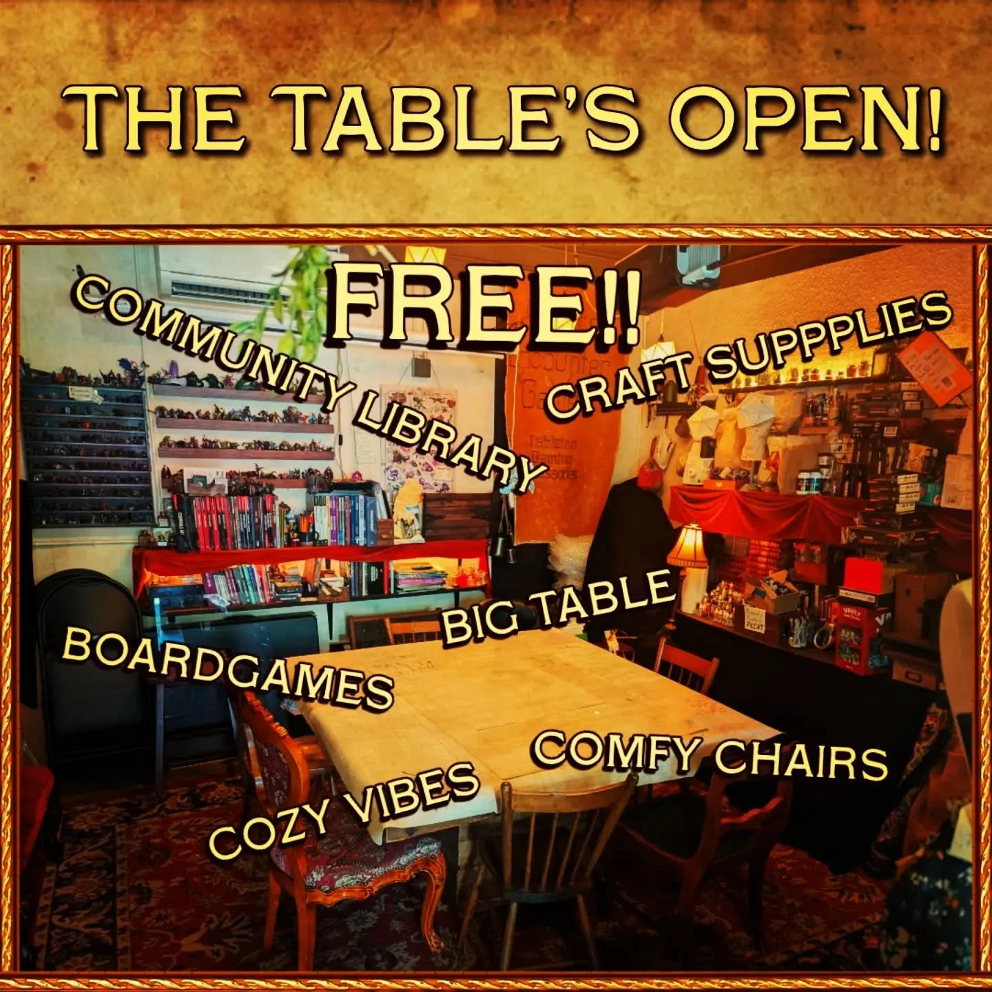 We had some last minute canceled reservations for our table today, so if you're looking for a cozy place to play, read, or craft, we're open 'till 10.