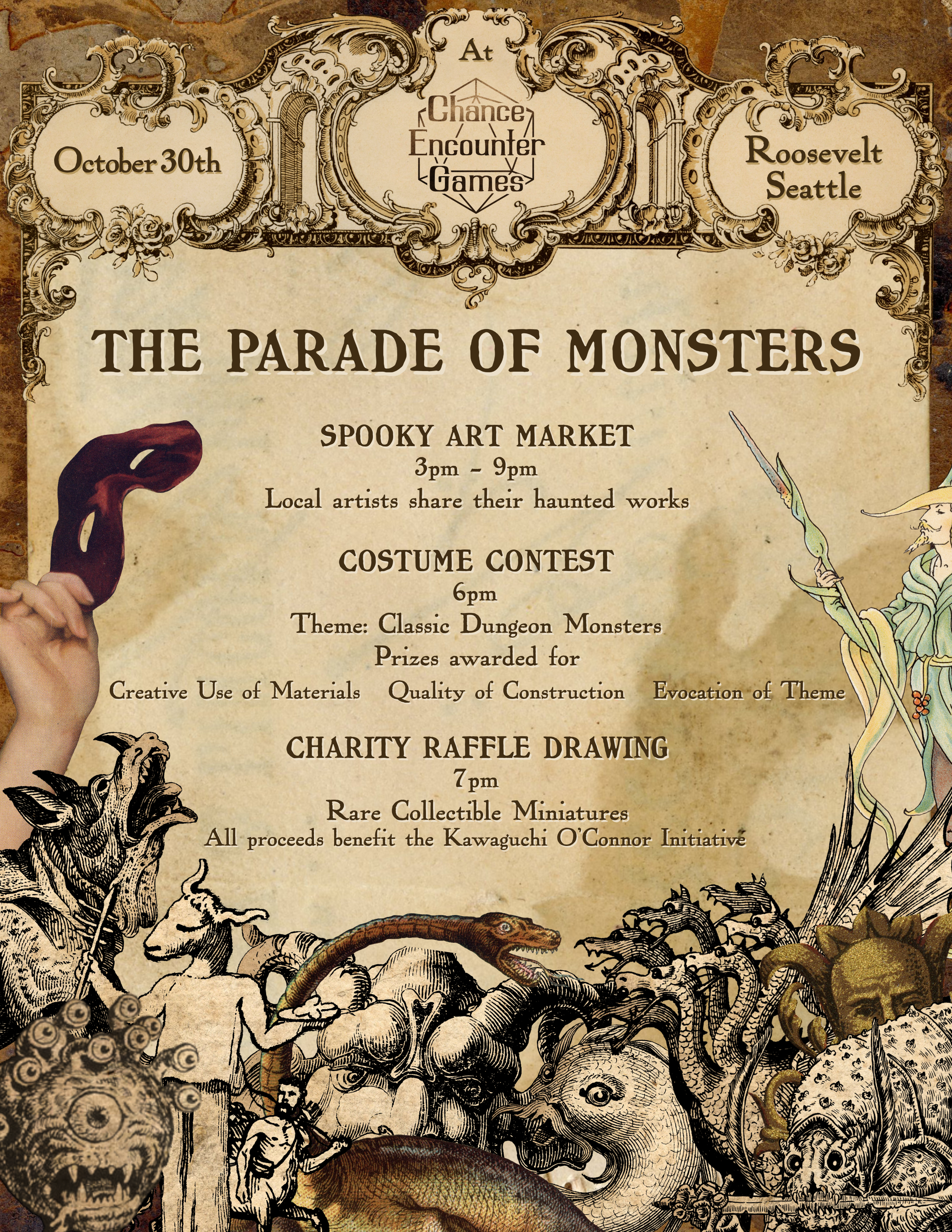 Ornate poster depicting a crowd of fantastical and arcane monsters. It reads: October 30th at Chance Encounter Games, Roosevelt Seattle. The Parade of Monsters.