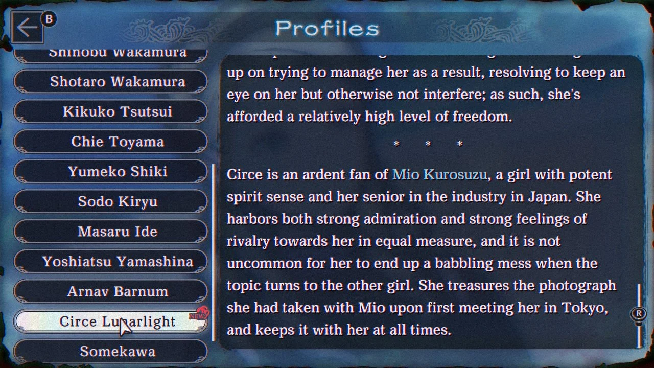 An image highlighting one of the game's character profiles (in this case, for Circe Lunarlight)