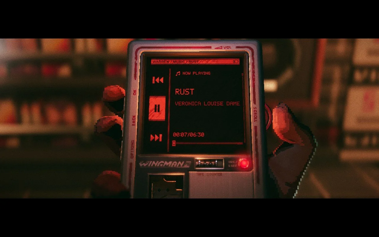 A collectible music track called Rust by Veronica Louise Dame shown on the game's Wingman device