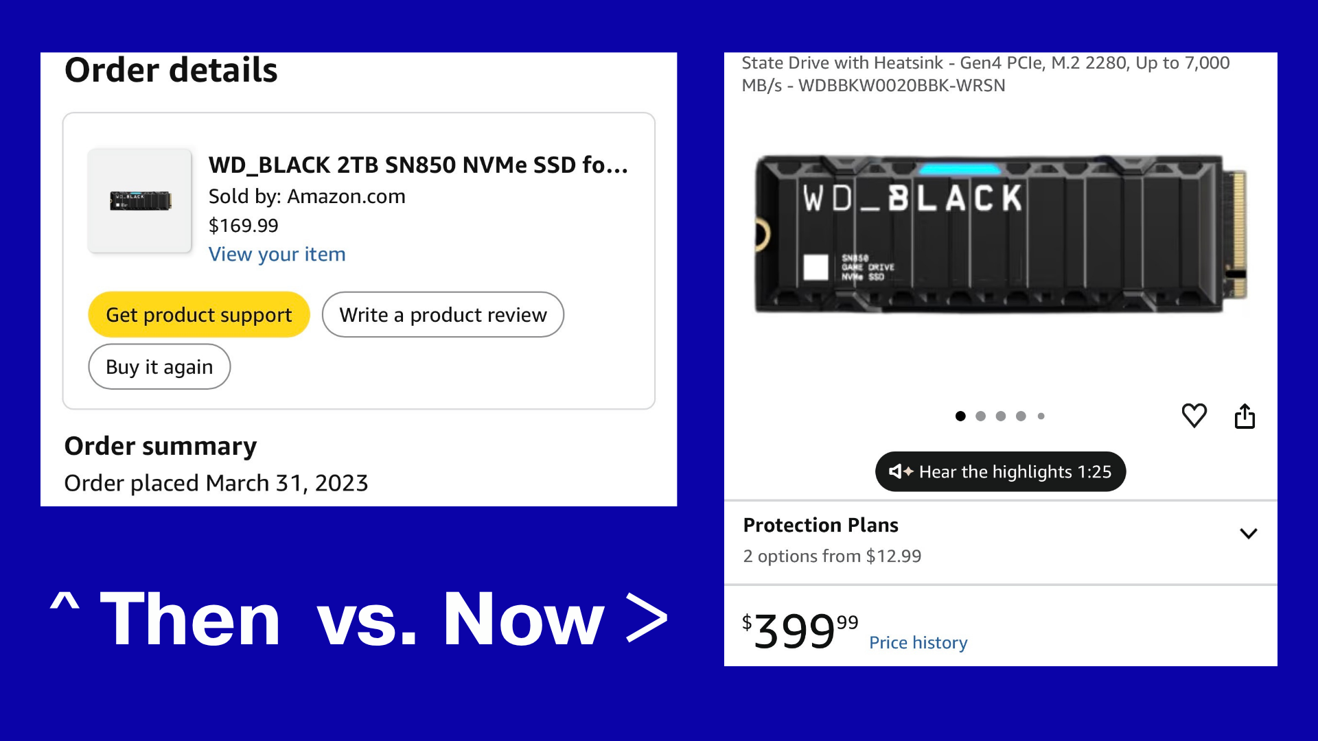 Then vs. Nice price graphic for a 2 TB SSD card compatible with PS5. In March 2023, the price was $169 USD. Today it's $399