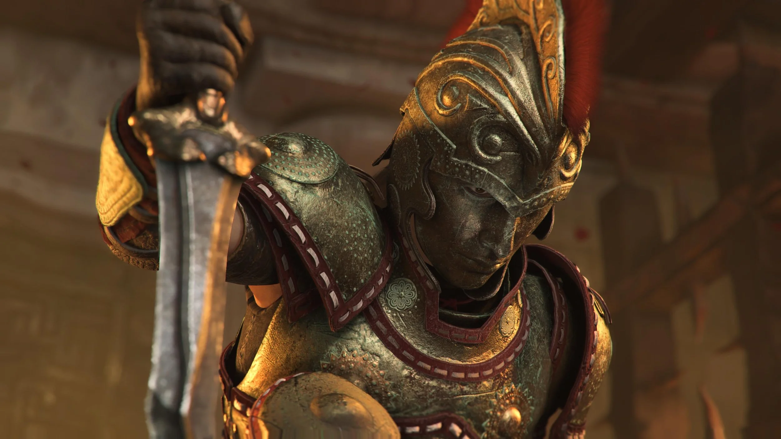 Theseus in golden armor, kneeling with a sword