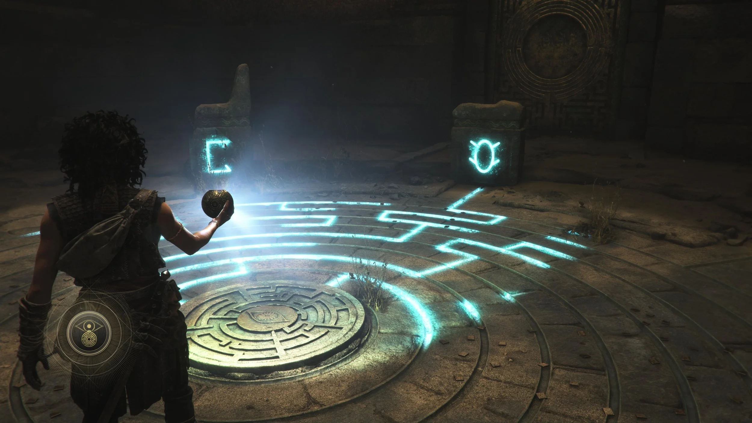 Sophia shining a light to reveal symbols involved in solving a puzzle