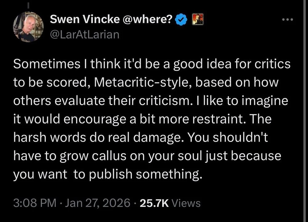 Swen's now-deleted post on X that called for a Metacritic rating of video game critics