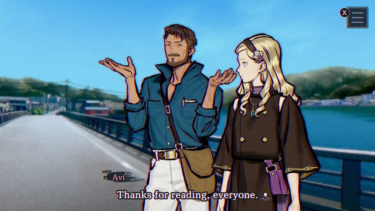 A main character, Avi, making a fourth wall joke about "thanks for reading"