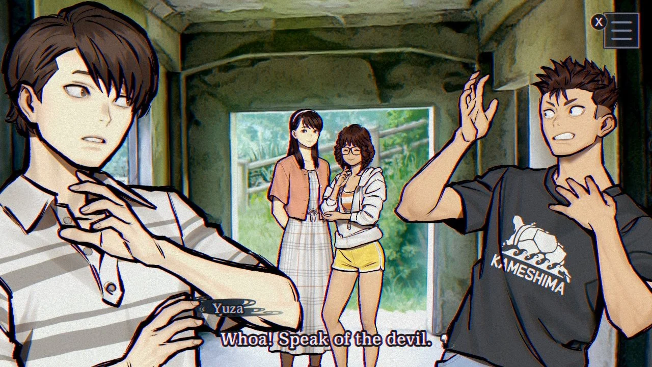Main characters Yuza and Azami being surprised at the arrival of two young women behind them