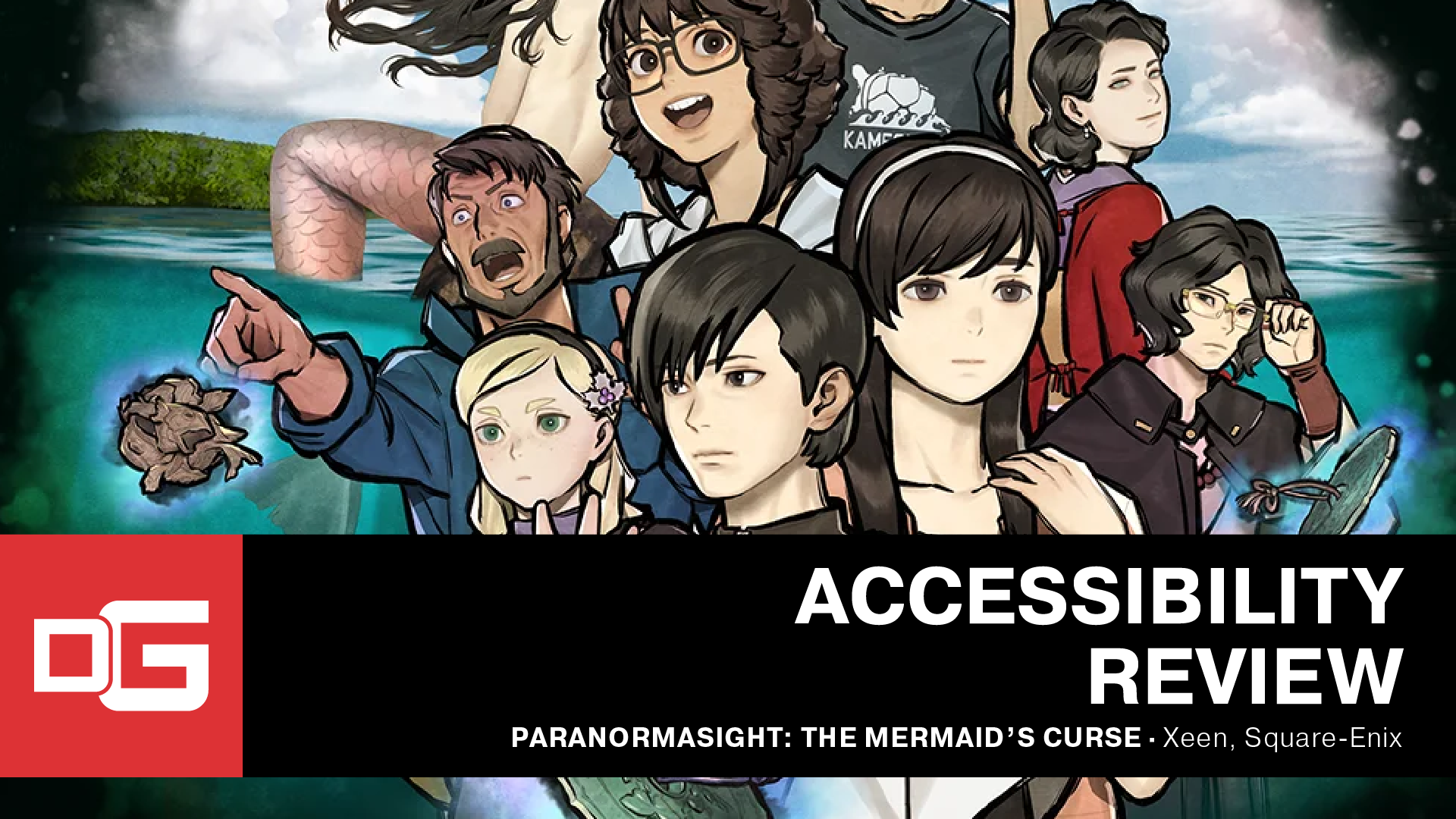 DearGamers logo on a banner that reads: Accessibility Review; Paranormasight: The Mermaid's Curse by Xeen and Square Enix. Text is a banner in front of the game's main characters