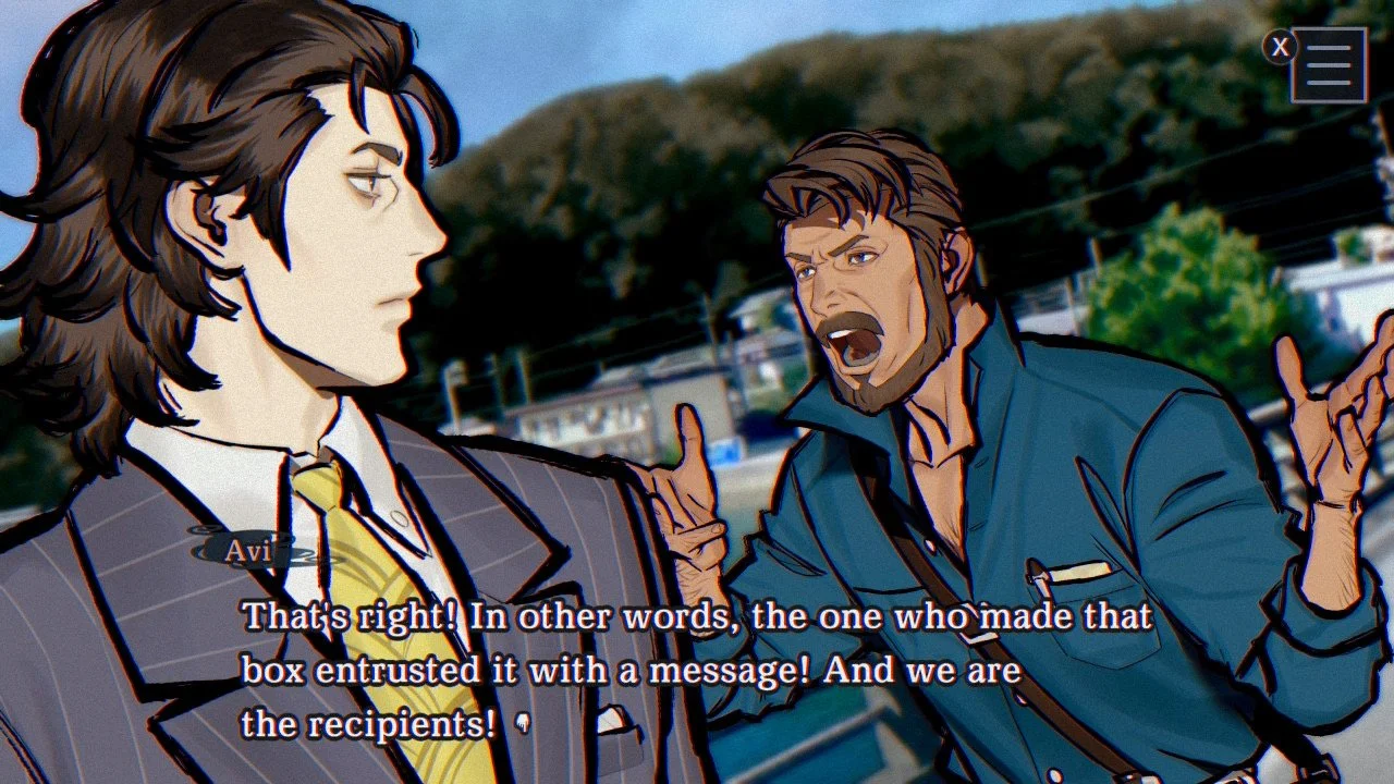 One of the main characters (Avi) yelling about an encoded message they were entrusted with