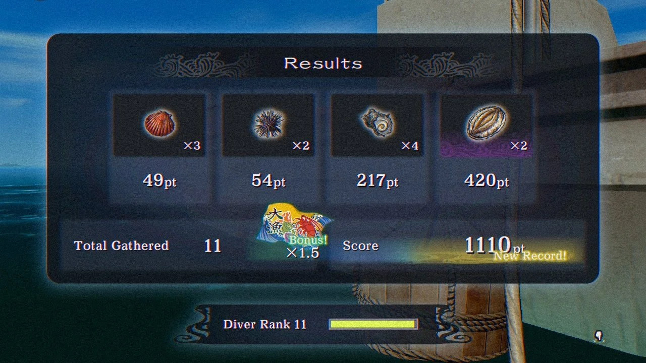 Results screen for the diving mini game showing a score of 1110 points and a diver rank of 11