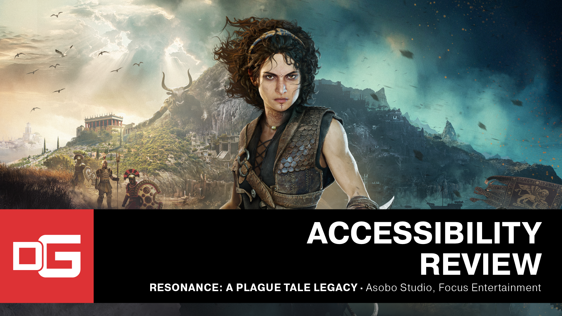 DG banner reads: Accessibility Review for Resonance: A Plague Tale Legacy from Asobo Studio and Focus Entertainment. Behind, game key art shows main character Sophia