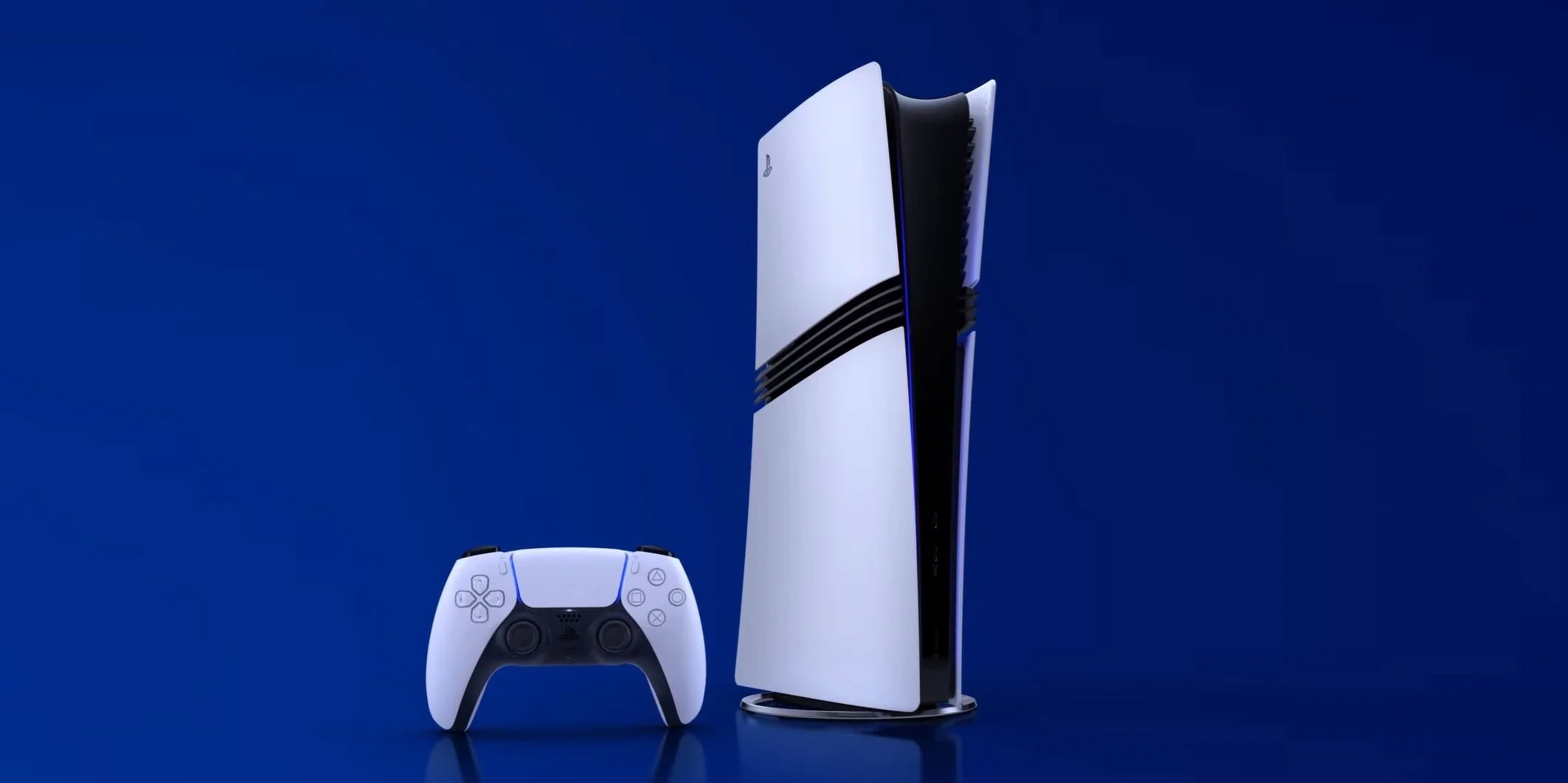 PS5 Pro (vertical) and DualSense controller against a PlayStation blue background