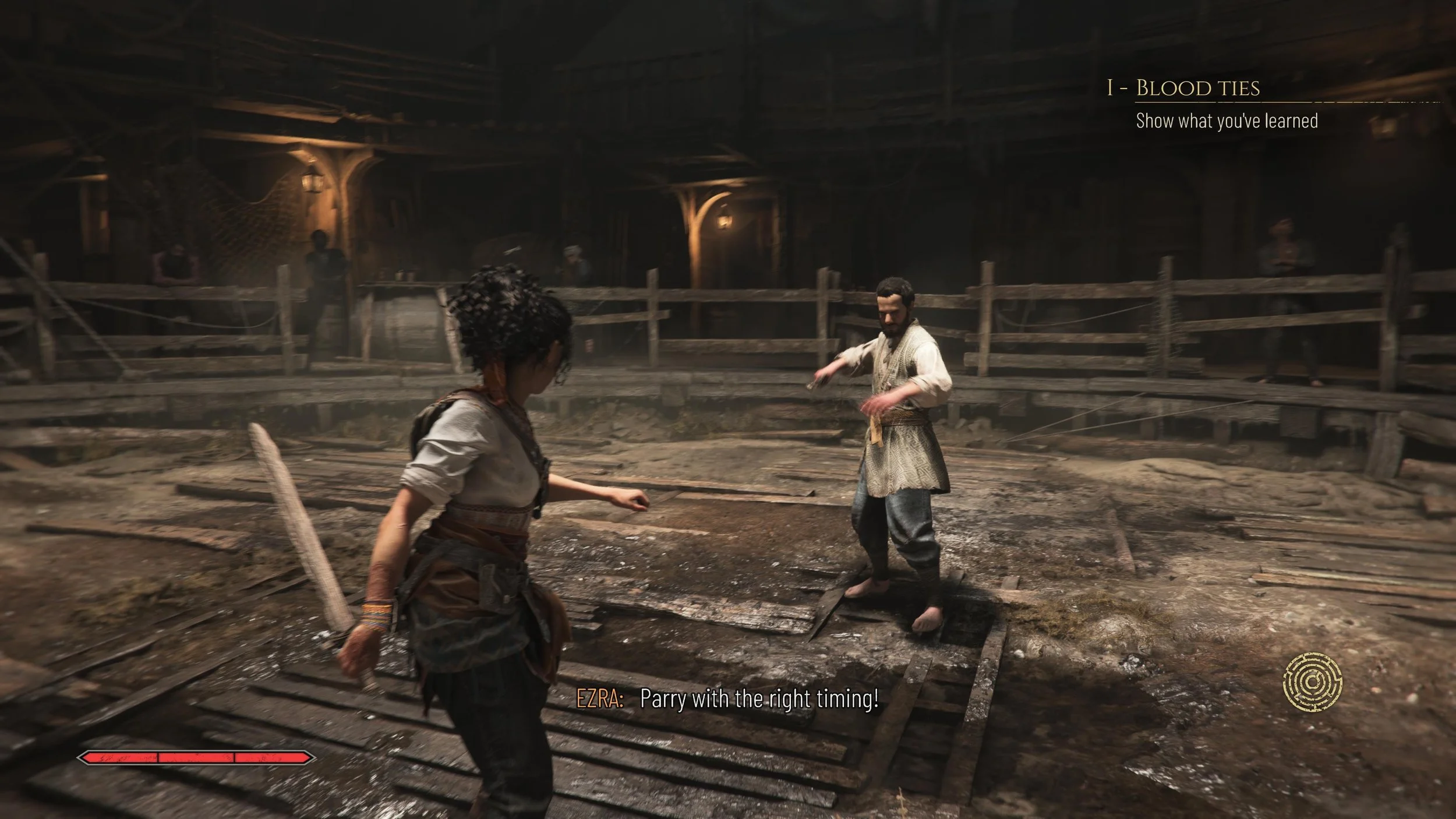 Two characters squaring off in a combat arena for the game's parry tutorial