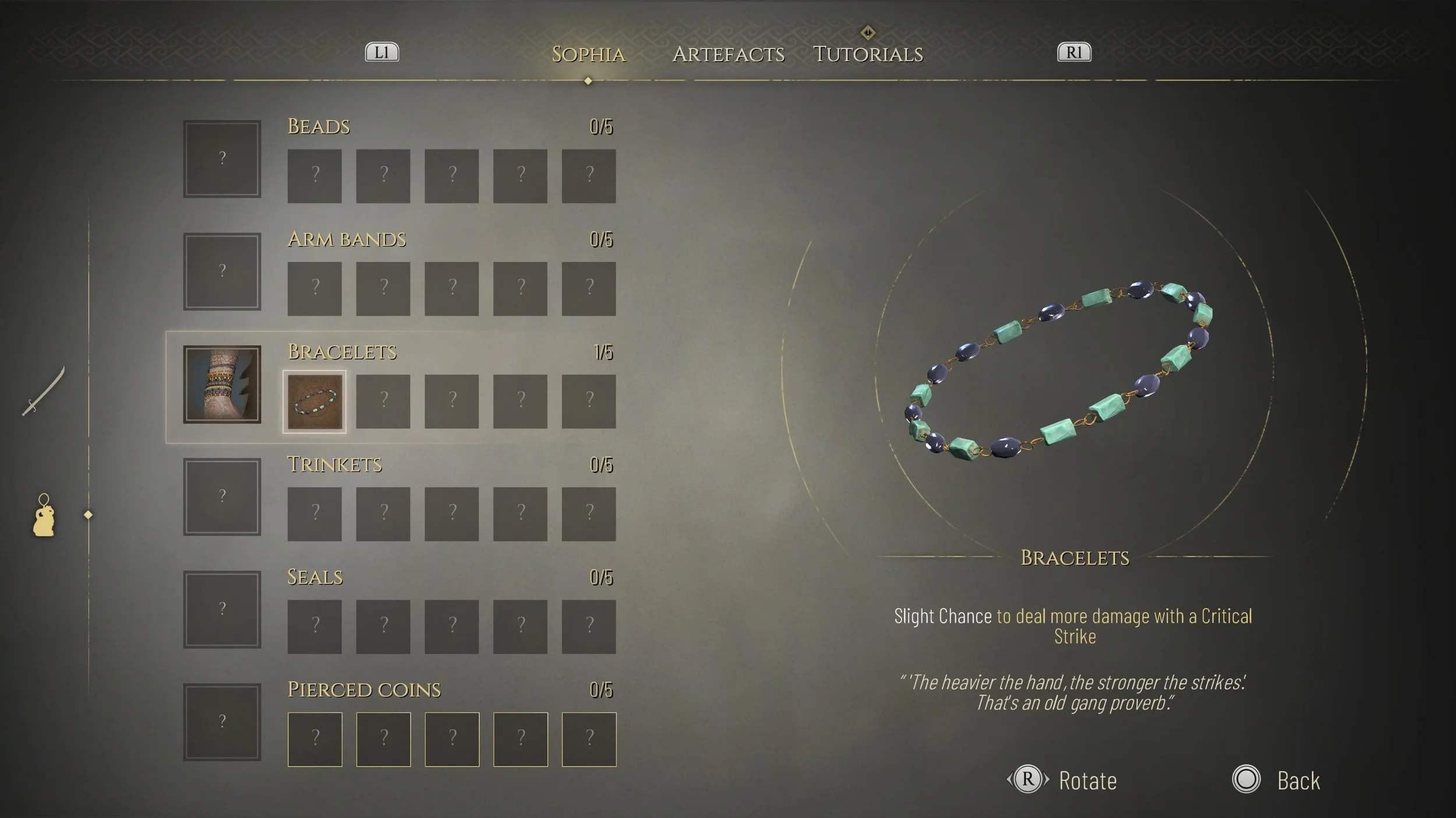 The charms page for Sophia's equipment showing the first bracelet that adds a slight chance to increase critical strike damage