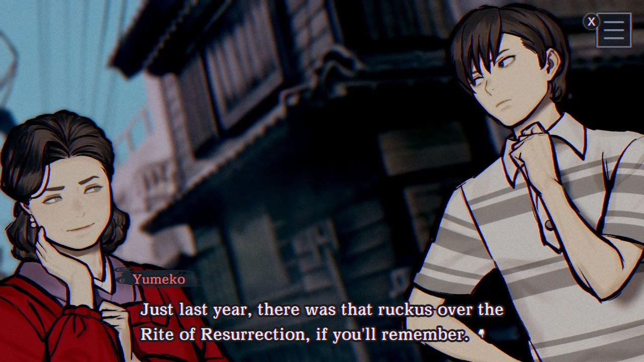 Two characters discussing an event called the Rite of Resurrection (a reference to the prior Paranormasight game)