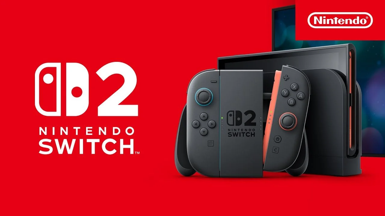 The Nintendo Switch 2 logo and console marketing key art showing the joycons in front of the docked system