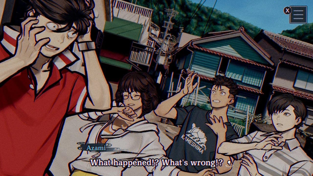 Four characters in distress and reacting with horrified or shocked expressions