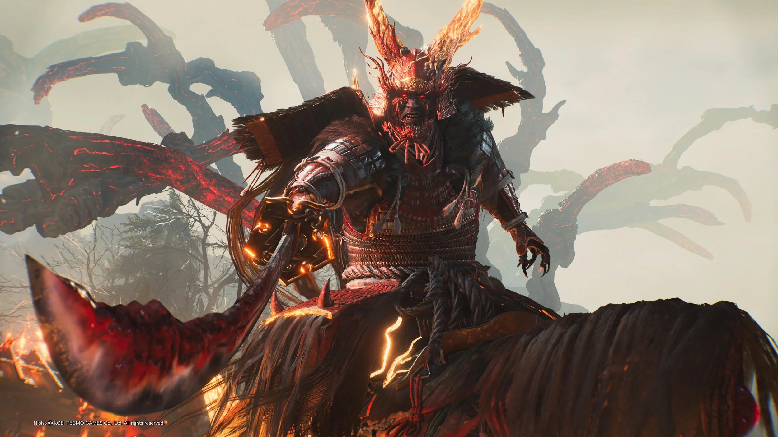 Mounted Yokai boss in red armor from Nioh 3 pointing a corrupted sword at the screen