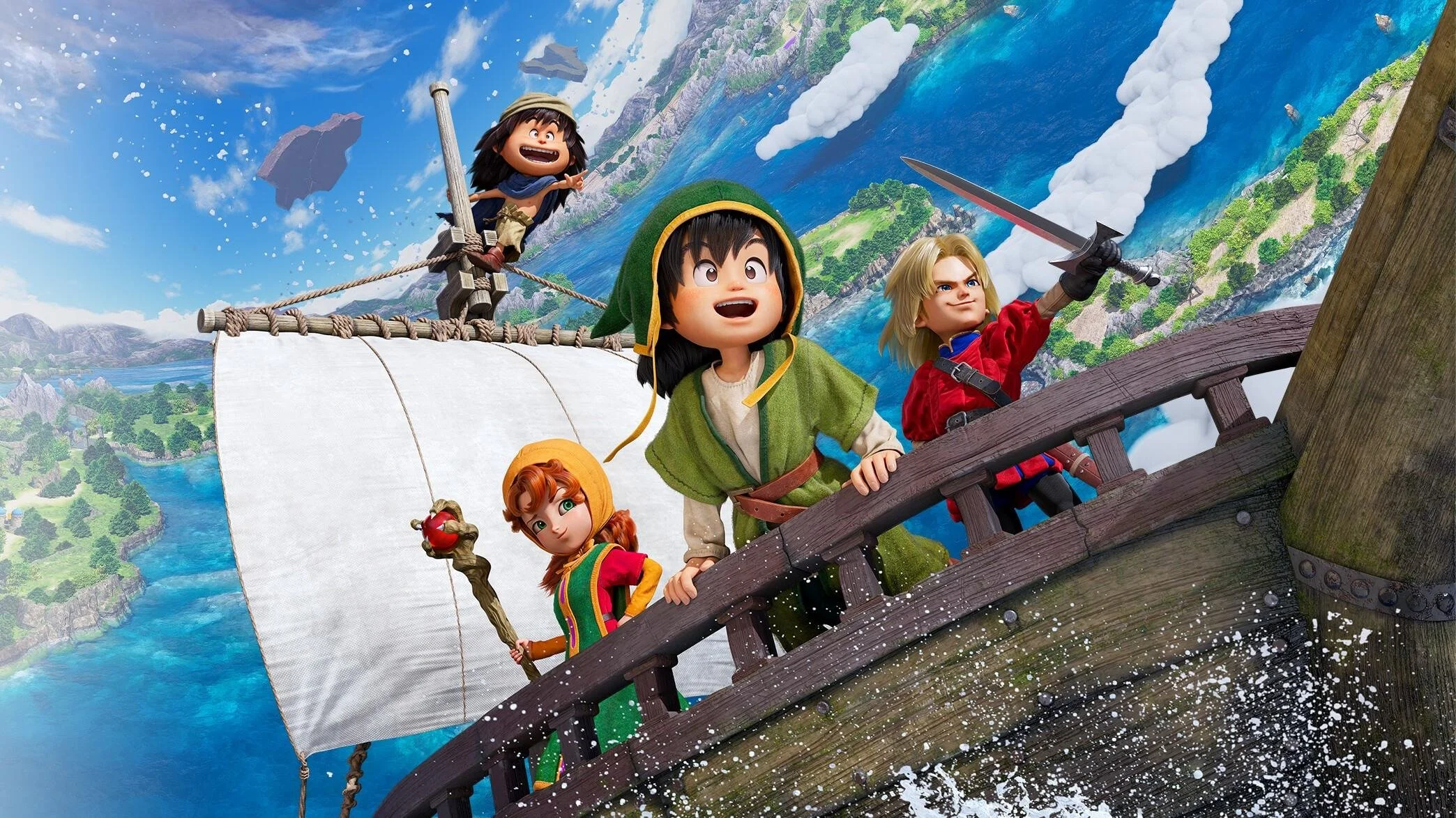 Dragon Quest VII Reimagined key art showing the Hero and several party members on a boat