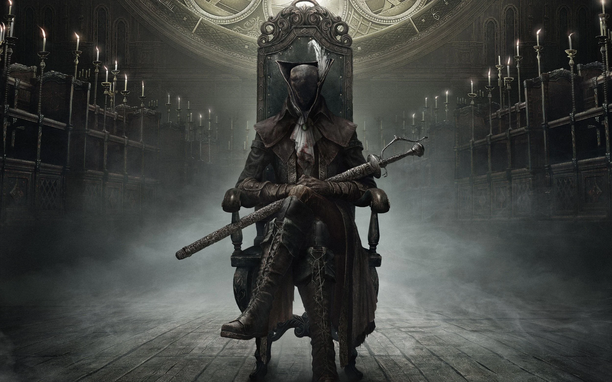 A Bloodborne hunter seated cross legged in a chair
