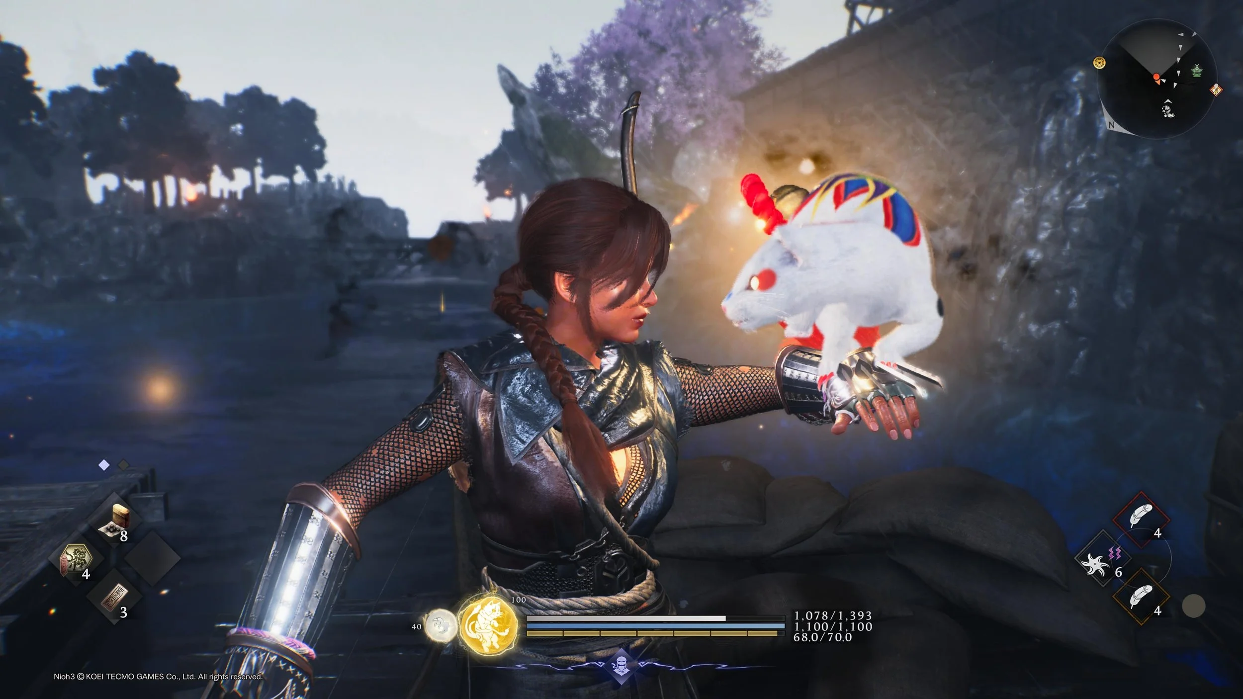 Player character in Nioh 3 interacting with a new type of spirit called a Chikijo