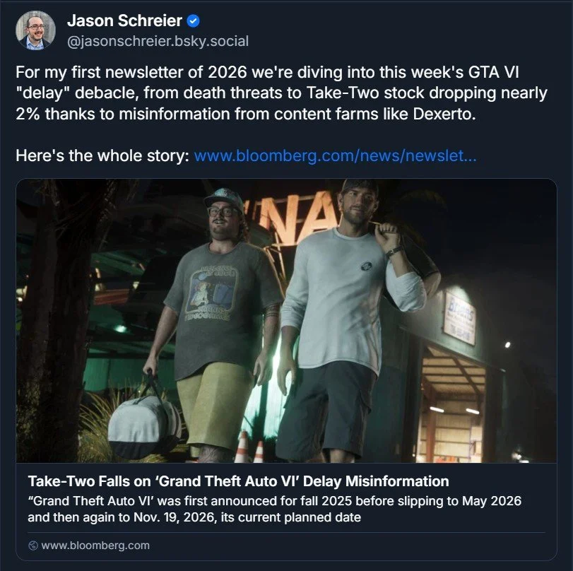 Jason Schreier's BlueSky post circulating his coverage of how his own comments were misquoted and trending online around GTA VI's supposed delay