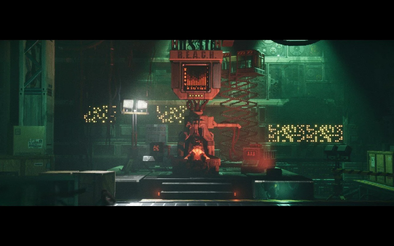 The main character seated in a terminal for interfacing between the brain and a computer