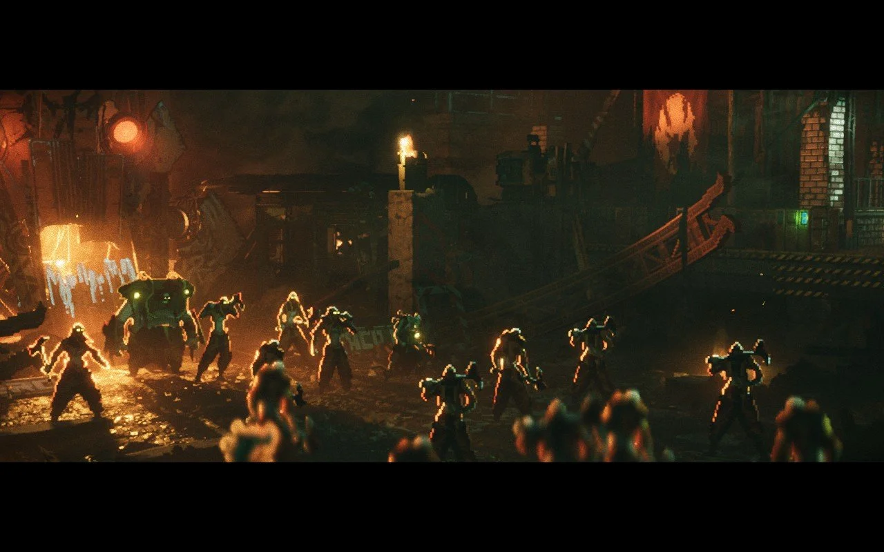 A cut sceen showing multiple enemies lit from behind in an underground ramshackle structure