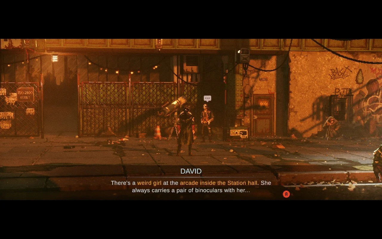 The main character speaking with a man named David. Image shows David's dialogue using the game's simplified text option