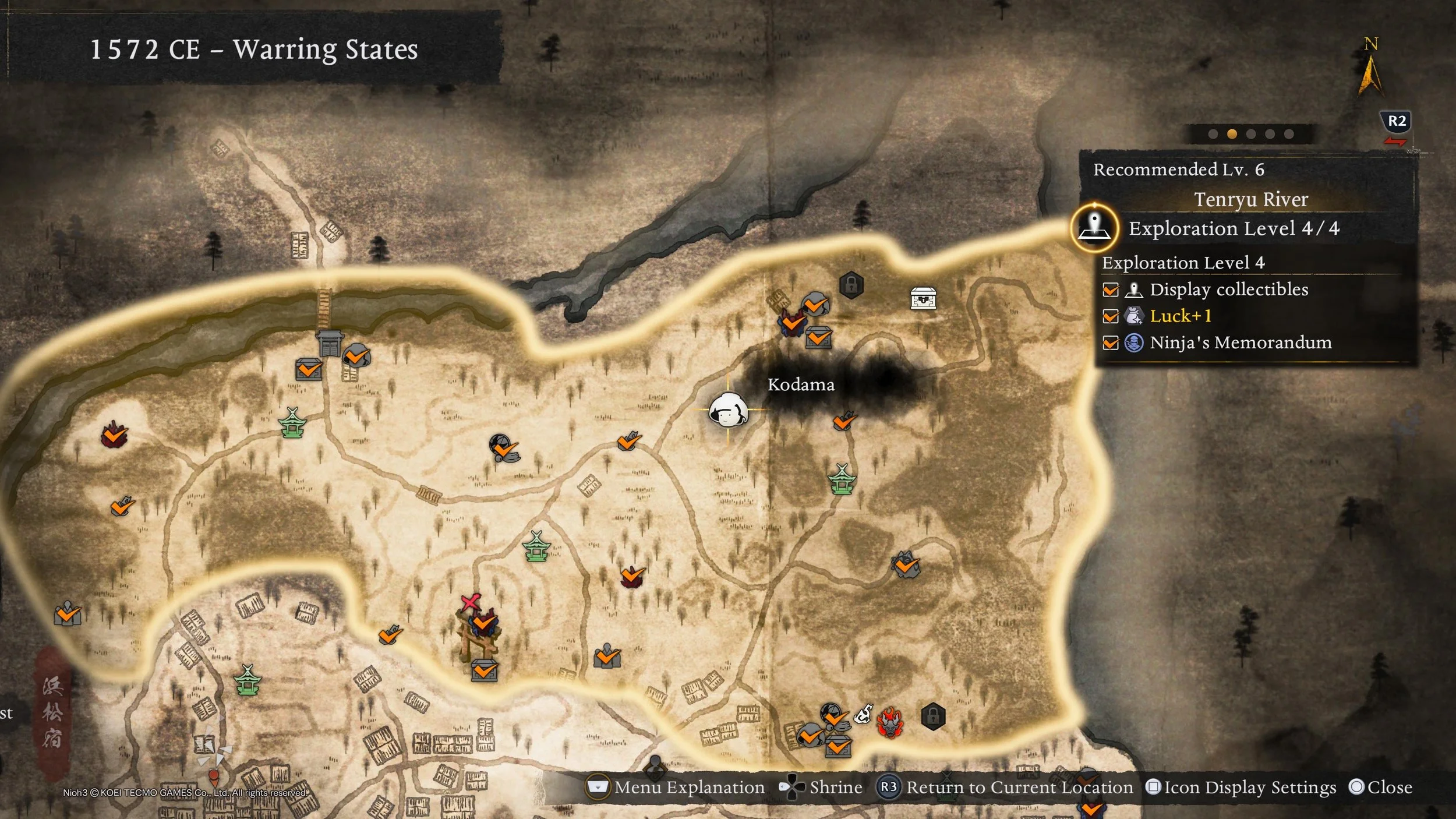Nioh 3's map, showing an early game region with points of interest marked. It shows which have been completed with checks, while highlighting those yet discovered like a Kodama location