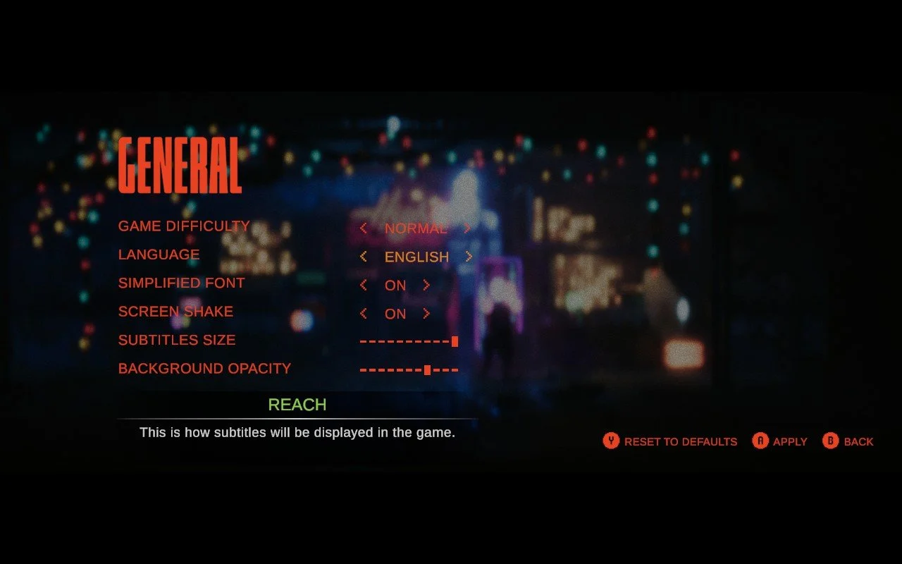 General settings menu screen showing game difficulty, language, font, screen shake, subtitle size, and background options
