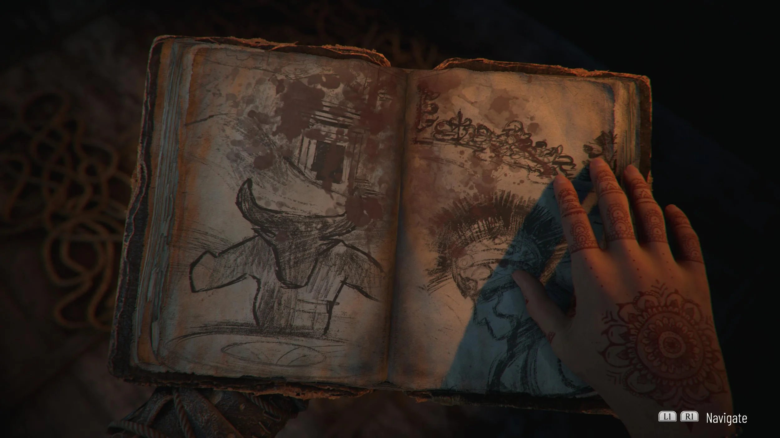 Sophia's journal with some childhood drawings from Resonance: A Plague Tale Legacy