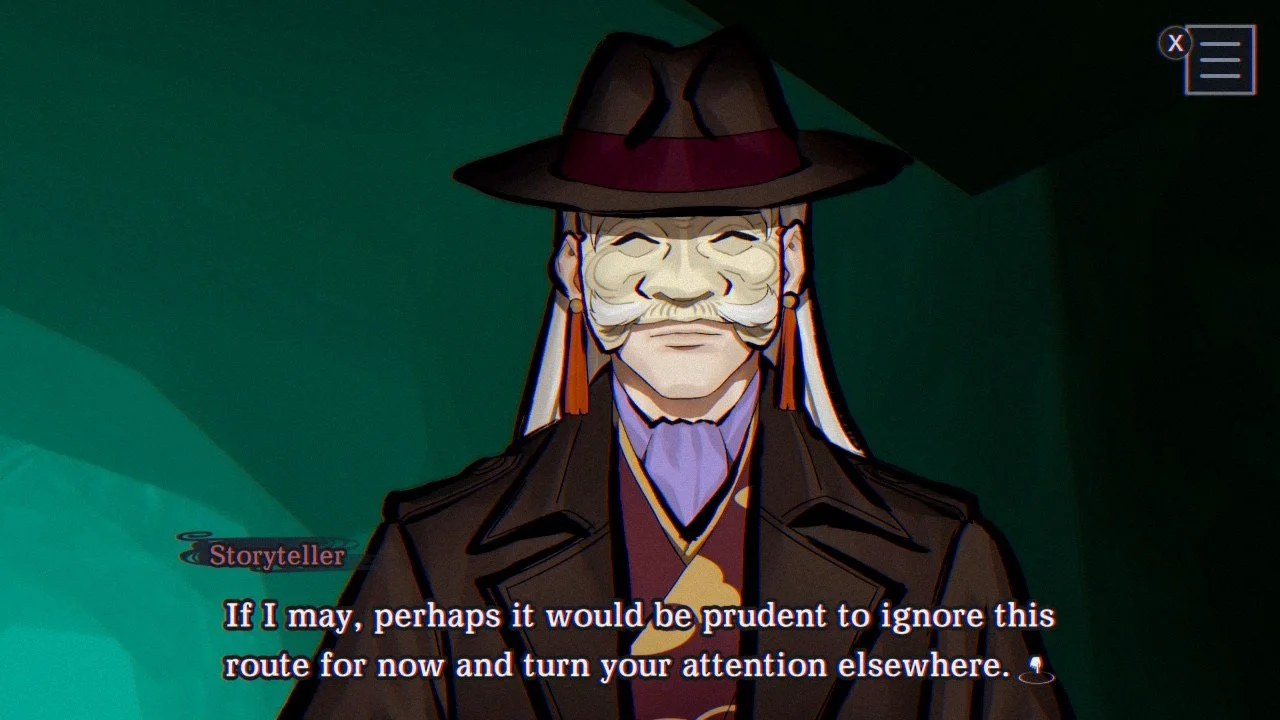 Paranormasight's storyteller hinting to the player that they should revisit their current route at a later date