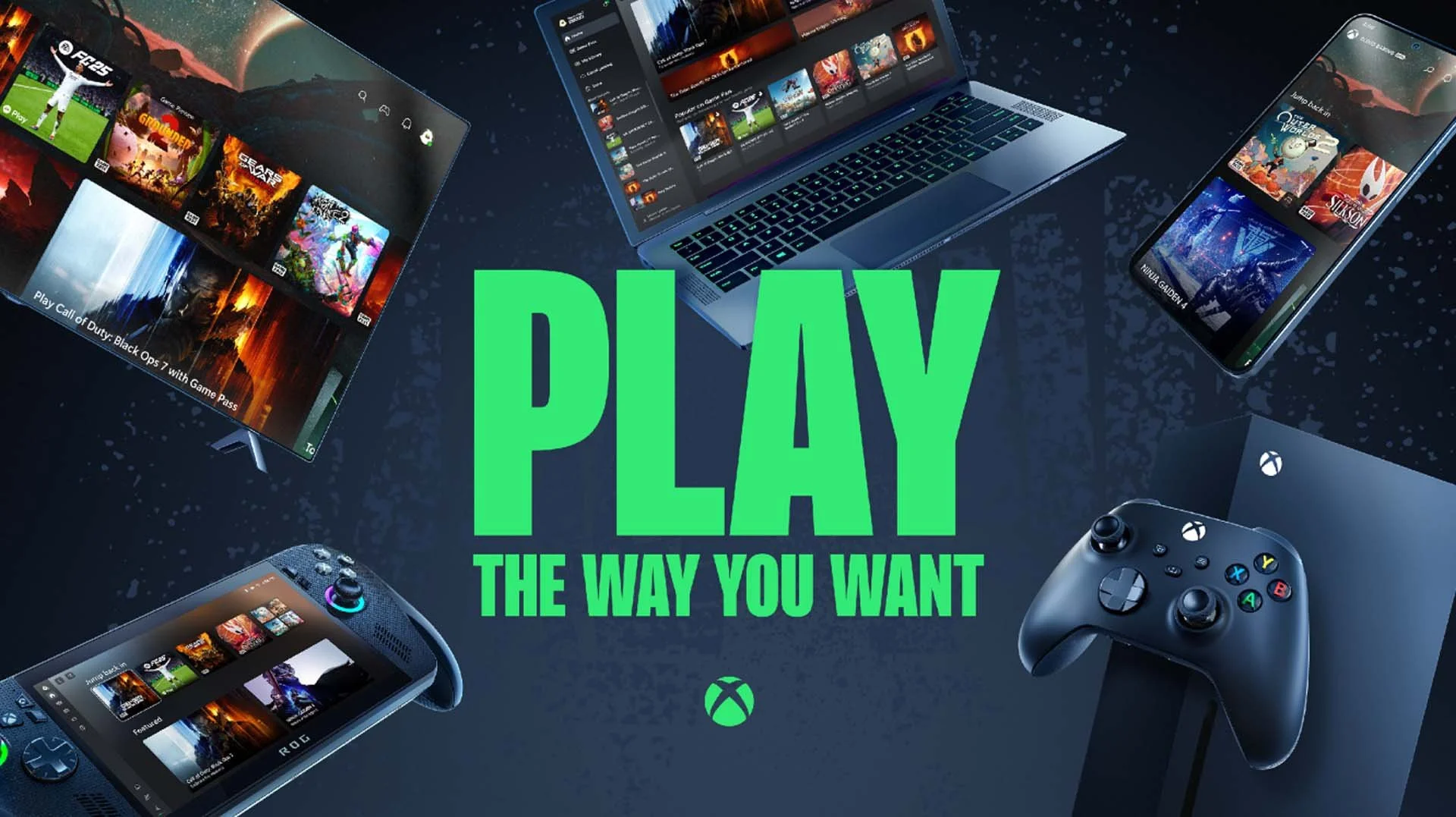 Xbox marketing material that says Play the Way you Want surrounded by a variety of hardware systems