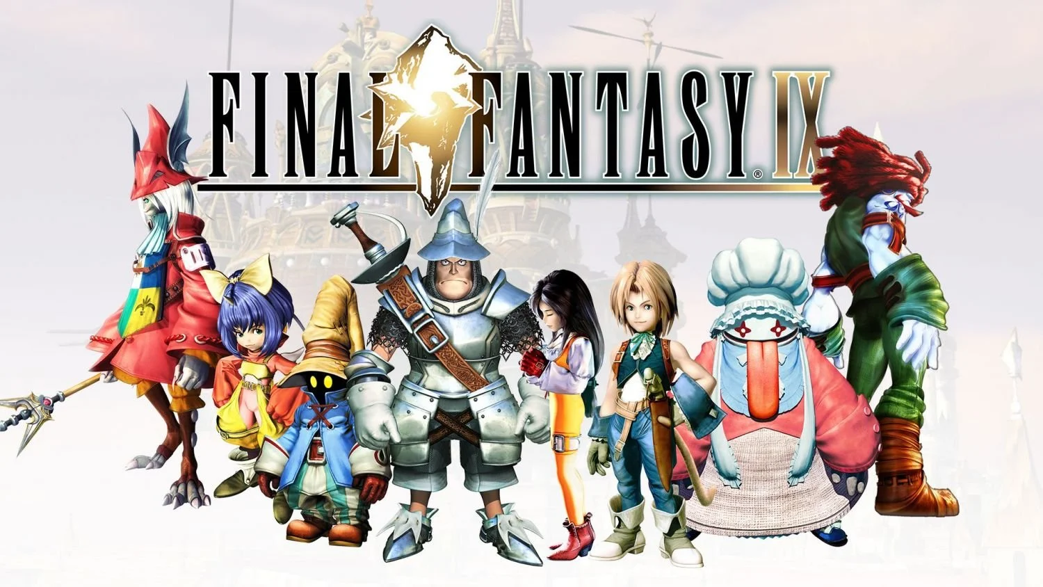 Final Fantasy IX key art showing the main cast of characters like Zidane, Steiner, Dagger, and Vivi