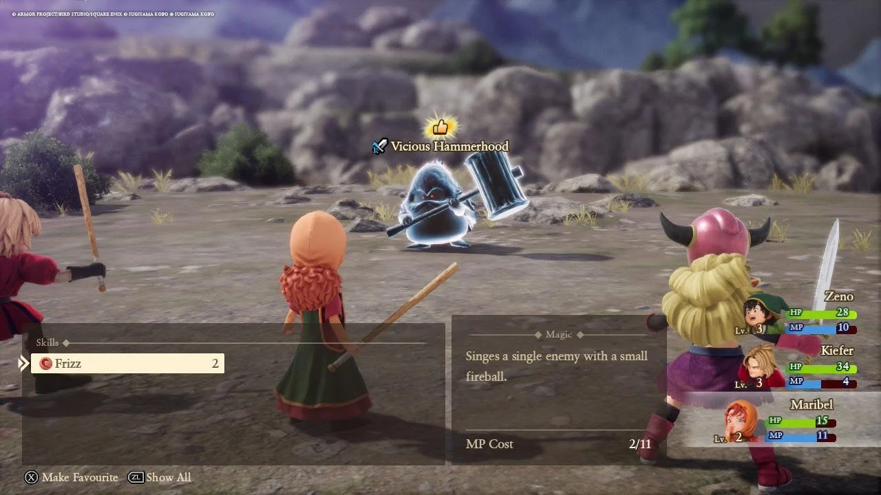 Dragon Quest VII Reimagined battle UI showing a Frizz spell targeting a hammerhood's fire weakness