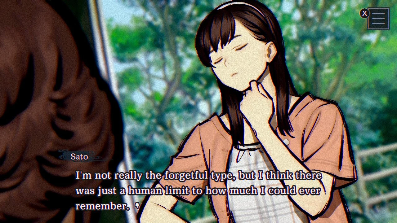 Sato, a young female character, discussing forgetfulness and how much capacity the human memory realistically has