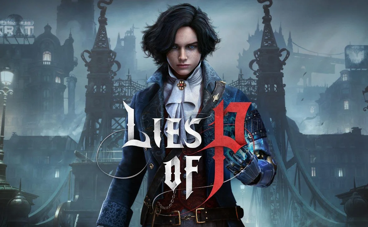 Key art for Lies of P, showing the title and main character against the backdrop of the city