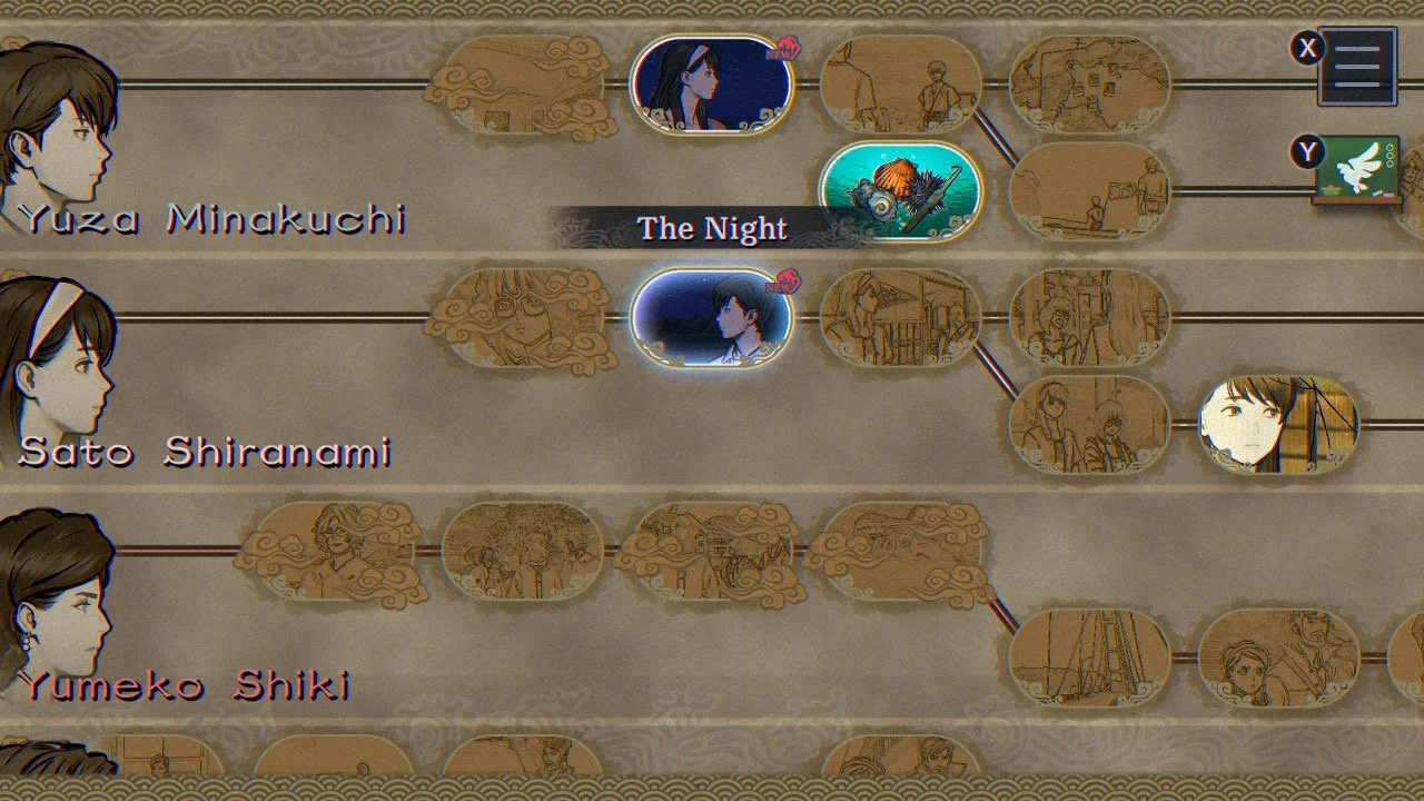 An image of Paranormasight: The Mermaid's Curse's story chart, showing a timeline of events for each character