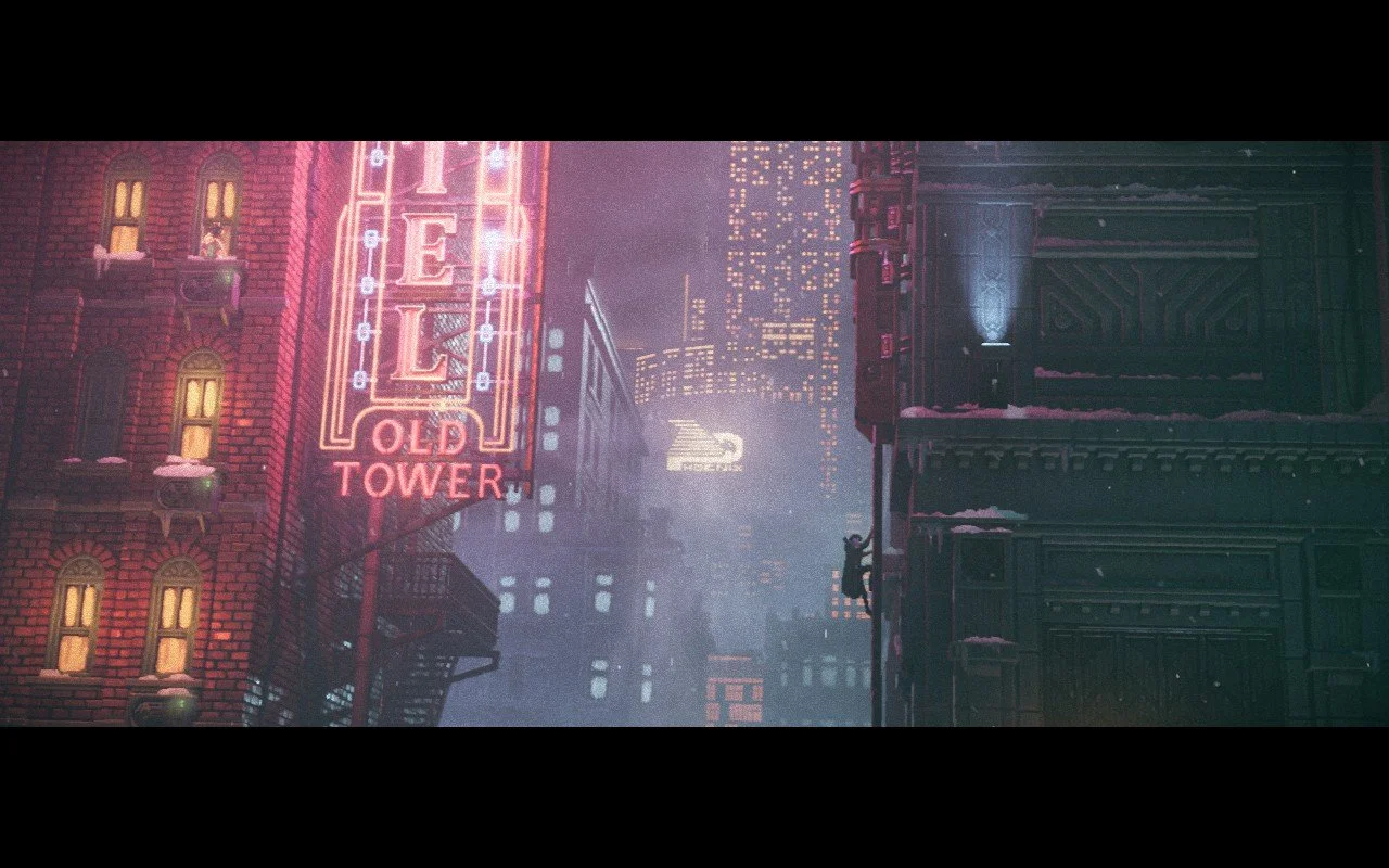 The player character climbing up a pipe on the side of an urban building