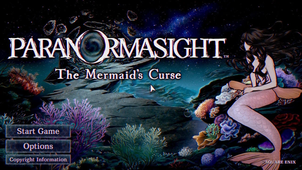 Paranormasight: The Mermaid's Curse title screen showing an underwater scene including a mermaid looking away from the player's point of view