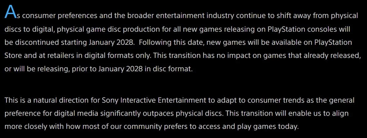 Screenshot of the PlayStation blog announcing how the move to all digital supports consumer preferences